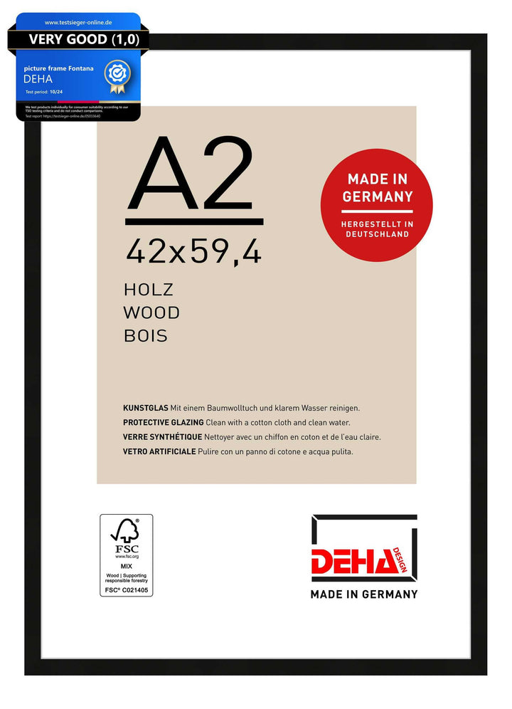 DEHA Design Bilderrahmen Fontana, A2 42x59,4 cm, Holz Schwarz, bruchsicheres Acrylglas, für Poster u
