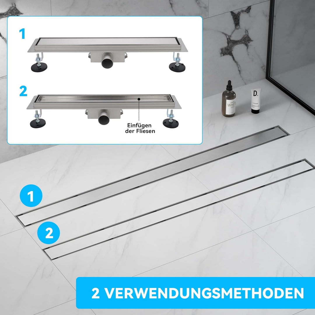 Duschrinne 80 cm, Befliesbare Edelstahl Extra Flach Duschablauf, Bodenablauf Dusche Komplettset inkl