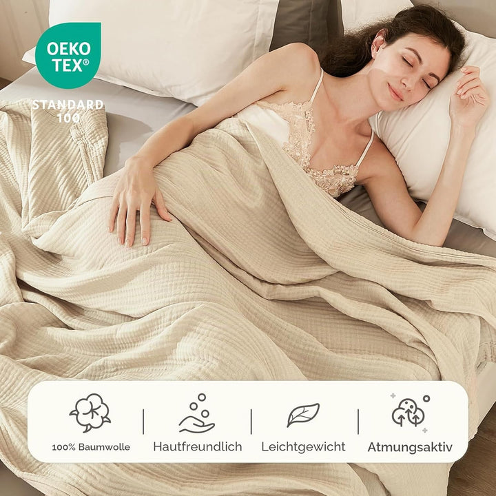 EMME Musselin-Decke Erwachsene, 100% Baumwolle, 230 x 230 cm Beige Sommer-Überwurf Decken für Couch,