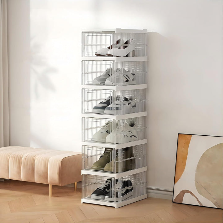 Schuhboxen Stapelbar, 18 Ebenen, Transparent, Faltbar, Dickem Kunststoff, für Sneaker bis Grösse 46,