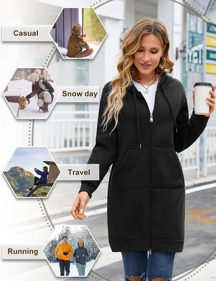 Damen Hoodie Fleecejacke Kapuzenjacke mit Zip Winterjacke Lang Sweatjacke Warme Plüschjacke Pullover