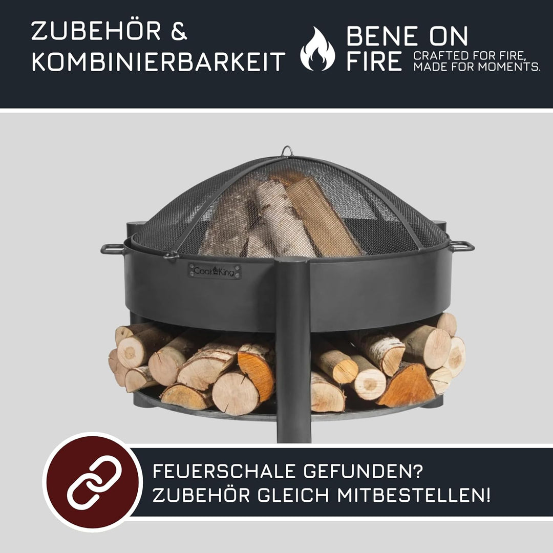 BENE ON FIRE Feuerschale Ø 60 cm rund mit Griffen & Holzstauraum Washington | Feuerkorb aus robustem