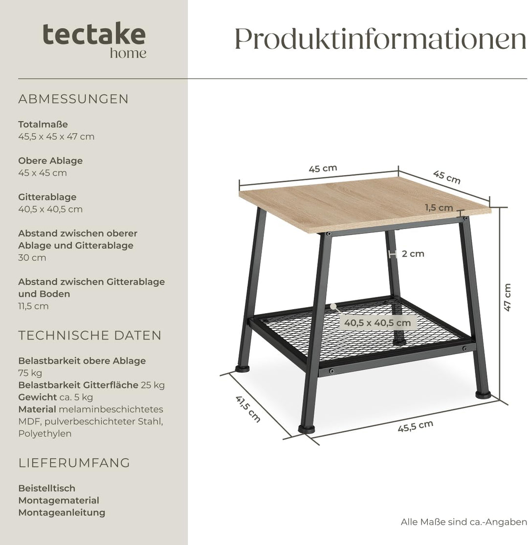 tectake® Beistelltisch Holz Metall, Couchtisch mit Stauraum, Nachttisch mit Gitterablage, Wohnzimmer
