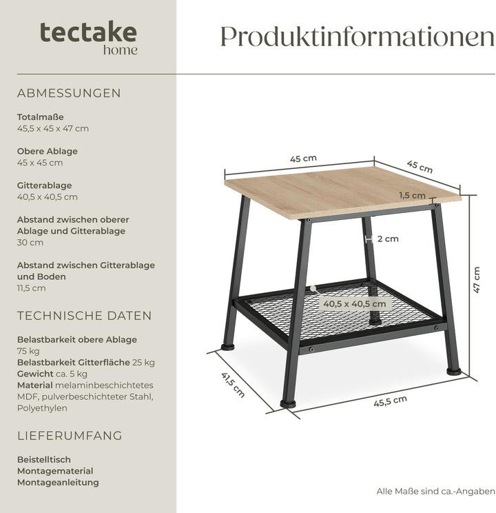 tectake® Beistelltisch Holz Metall, Couchtisch mit Stauraum, Nachttisch mit Gitterablage, Wohnzimmer