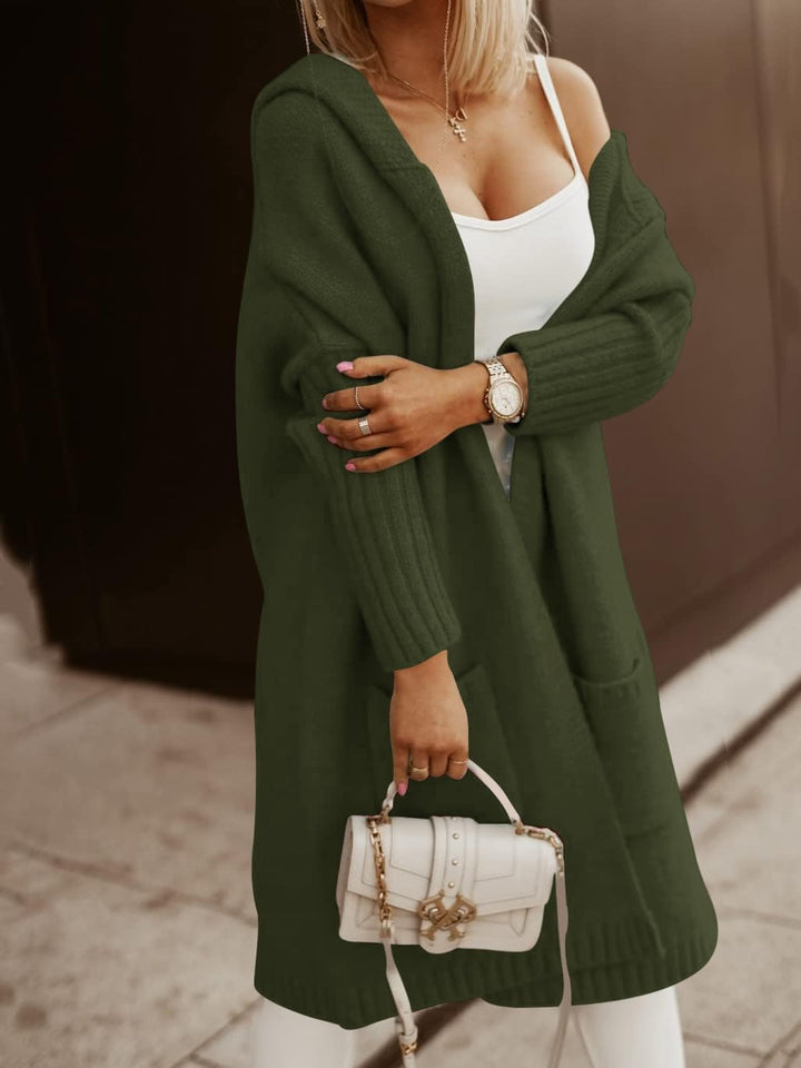 Tongmingyun Strickjacke Damen Lang Cardigan mit Kapuze Winter Grobstrickjacke Casual Lose Strickmant
