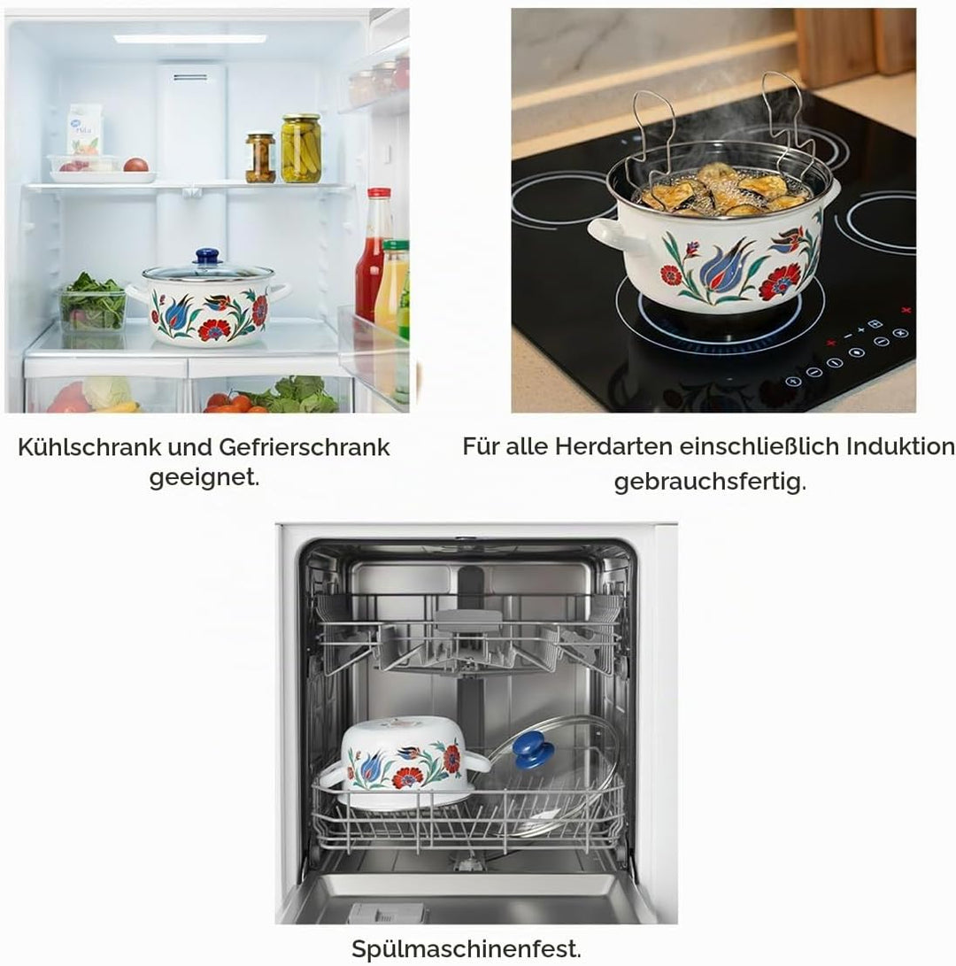 Serenk Emaille-Frittiertopf, 22 cm, 4 L, dekoriert, mit Glasdeckel und Frittierkorb, dunkelblauer Ku