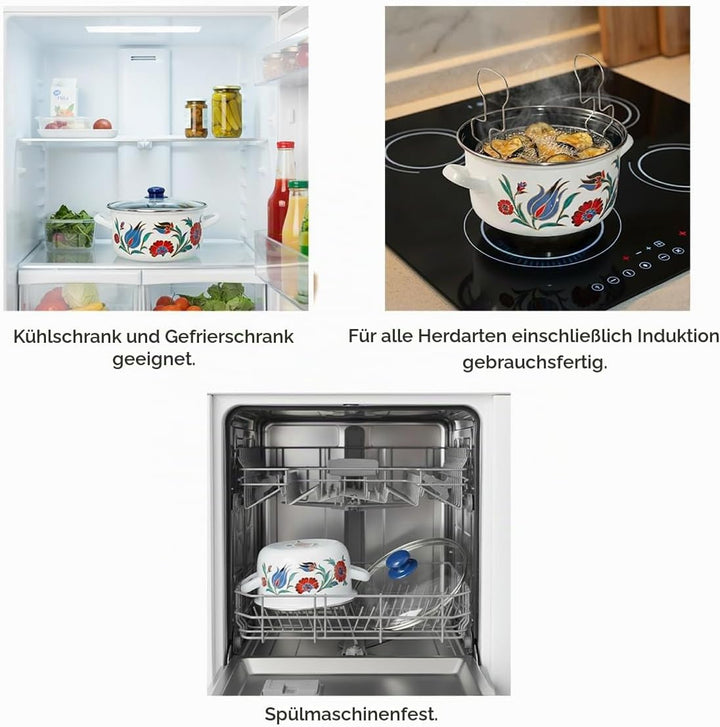 Serenk Emaille-Frittiertopf, 22 cm, 4 L, dekoriert, mit Glasdeckel und Frittierkorb, dunkelblauer Ku
