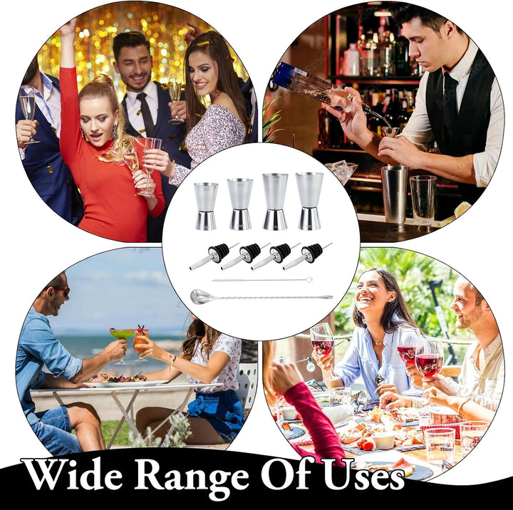 4 Stück Cocktail Messbecher, Edelstahl Barmass 3cl/4cl/5cl/6cl, Dual Gin Messbecher mit 4 Flaschenau