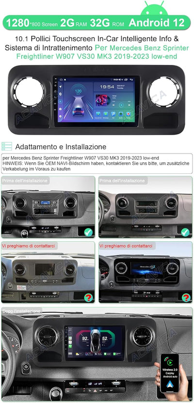 ACAVICA 2+32GB 9 Zoll Android 12 Radio für Mercede s Ben z Sprinter Freightliner W907 VS30 2019-2023