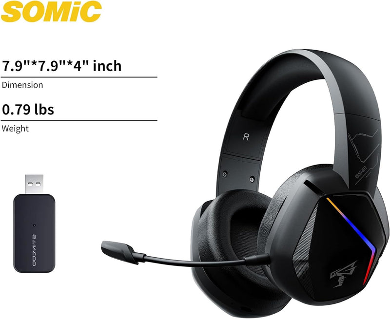 Somic 2.4G Wireless-Gaming-Headset für PS4, PS5, PC mit abnehmbarem Mikrofon und RGB-Regenbogen-LED,