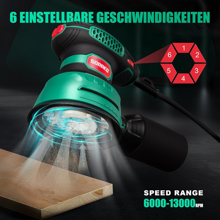 SORAKO Exzenterschleifer 350W 125MM - 6 Geschwindigkeiten,16 Schleifpapiere inklusive, mit Staubsamm