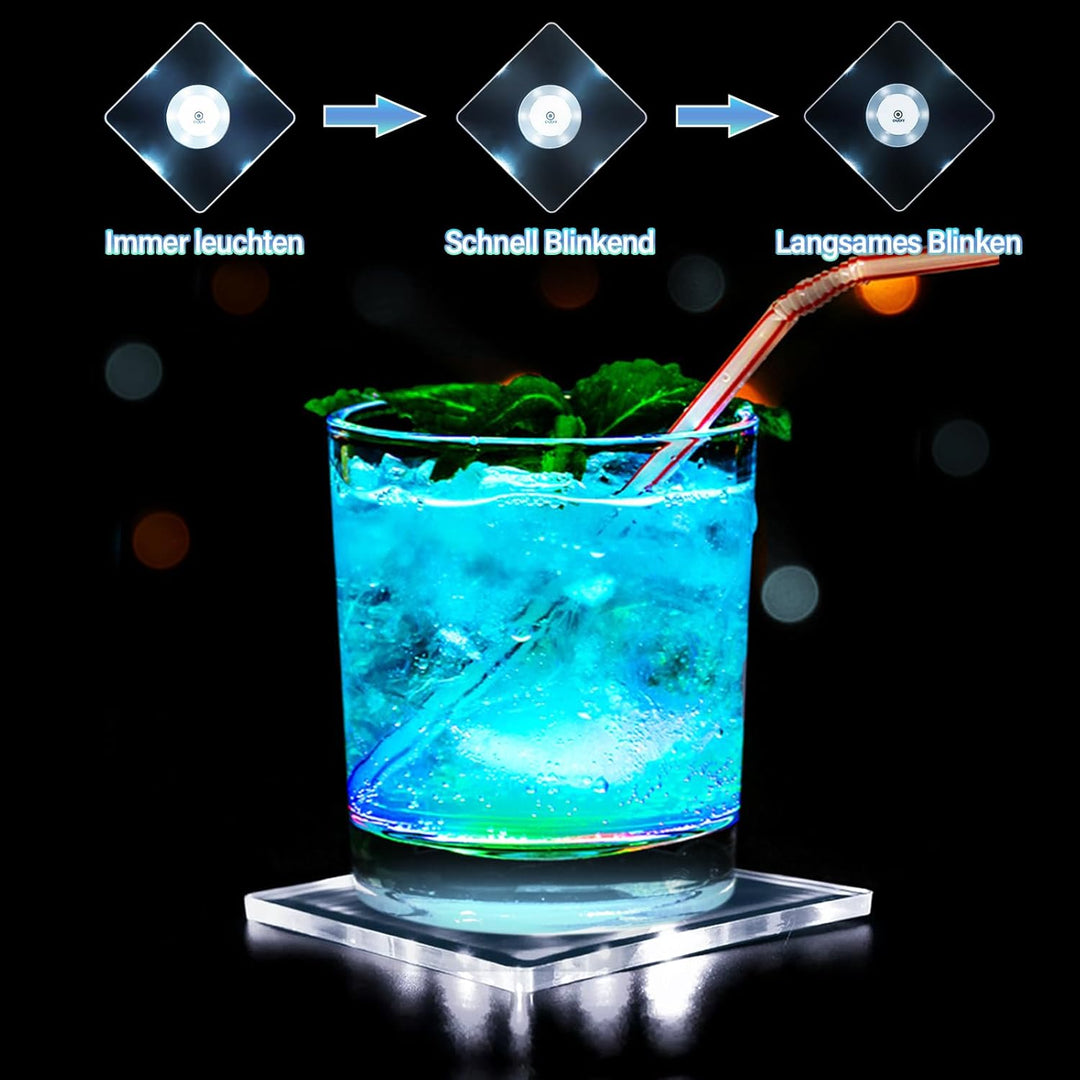 MEDOYOH 6er-Set Quadratisch Kühle Weiss LED Untersetzer für Getränke, ON/Off Taste Getränke Unterset