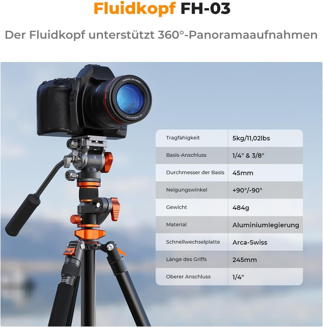 Kamera Stativ,K&F Concept Videostativ Video Tripod mit Fluidkopf,231cm Stativ mit 90° Mittelsäule un