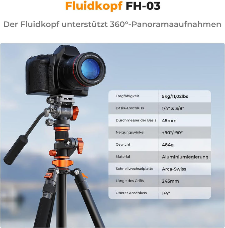 Kamera Stativ,K&F Concept Videostativ Video Tripod mit Fluidkopf,231cm Stativ mit 90° Mittelsäule un