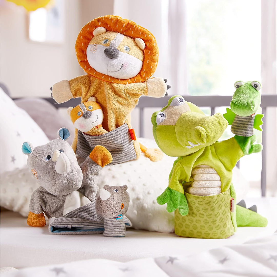 HABA 305755 - Handpuppe Nashorn mit Baby, Handpuppe ab 1.5 Jahren, bunt