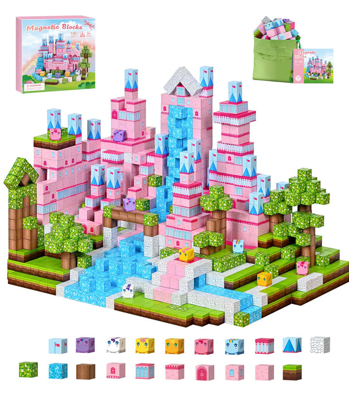 PINKCAT Magnetische Bausteine - Rosa Schloss Magnete Bausteine Spielset, Magnetischer Spielzeugbaust