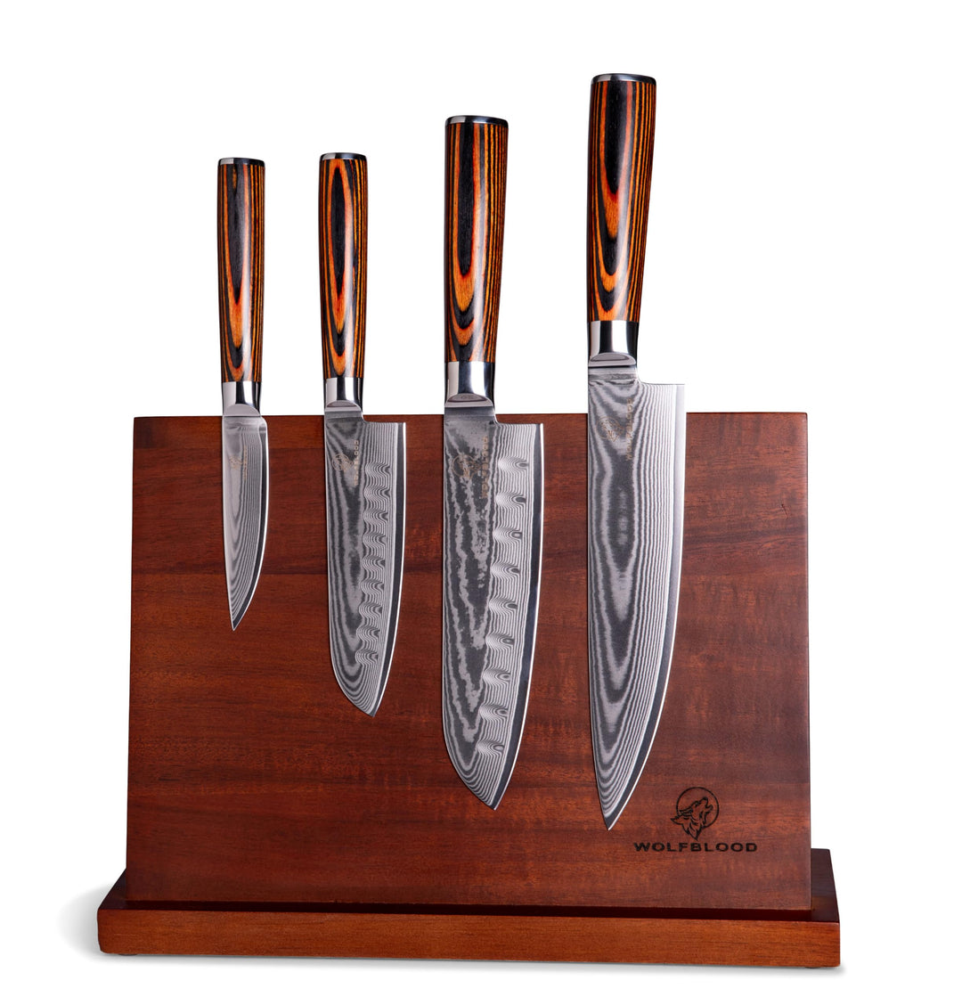 Wolfblood 4er Damastmesser Set (32, 30, 24 und 20 cm) mit magnetischem Messerblock aus Akazienholz –