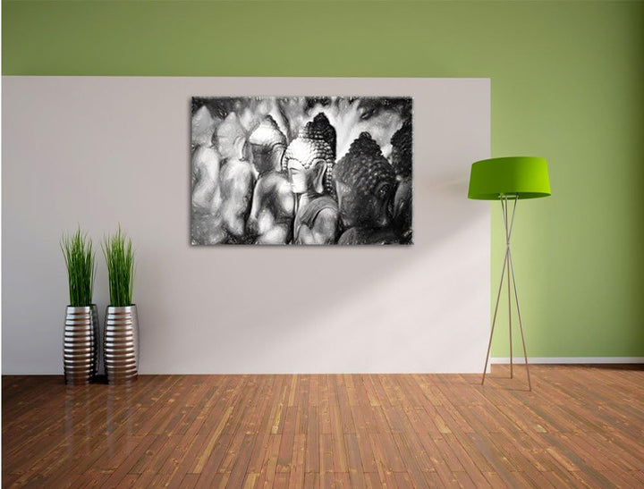 Pixxprint Buddha-Statuen in Einer Reihe / 100x70cm Leinwandbild bespannt auf Holzrahmen/Wandbild Kun
