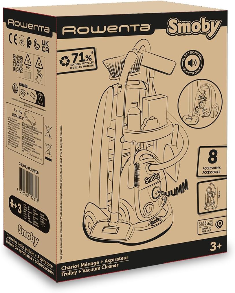 Smoby - Rowenta Reinigungstrolley - Putzwagen + Reinigungsset mit 8 Zubehörteilen - Rollwagen, Besen