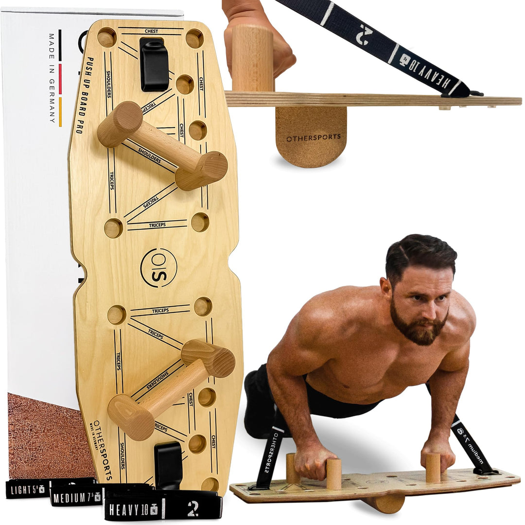 Liegestütze Brett aus Echtholz mit Fitness Bändern – Push up Board Fitnesstraining für gezielten Kra