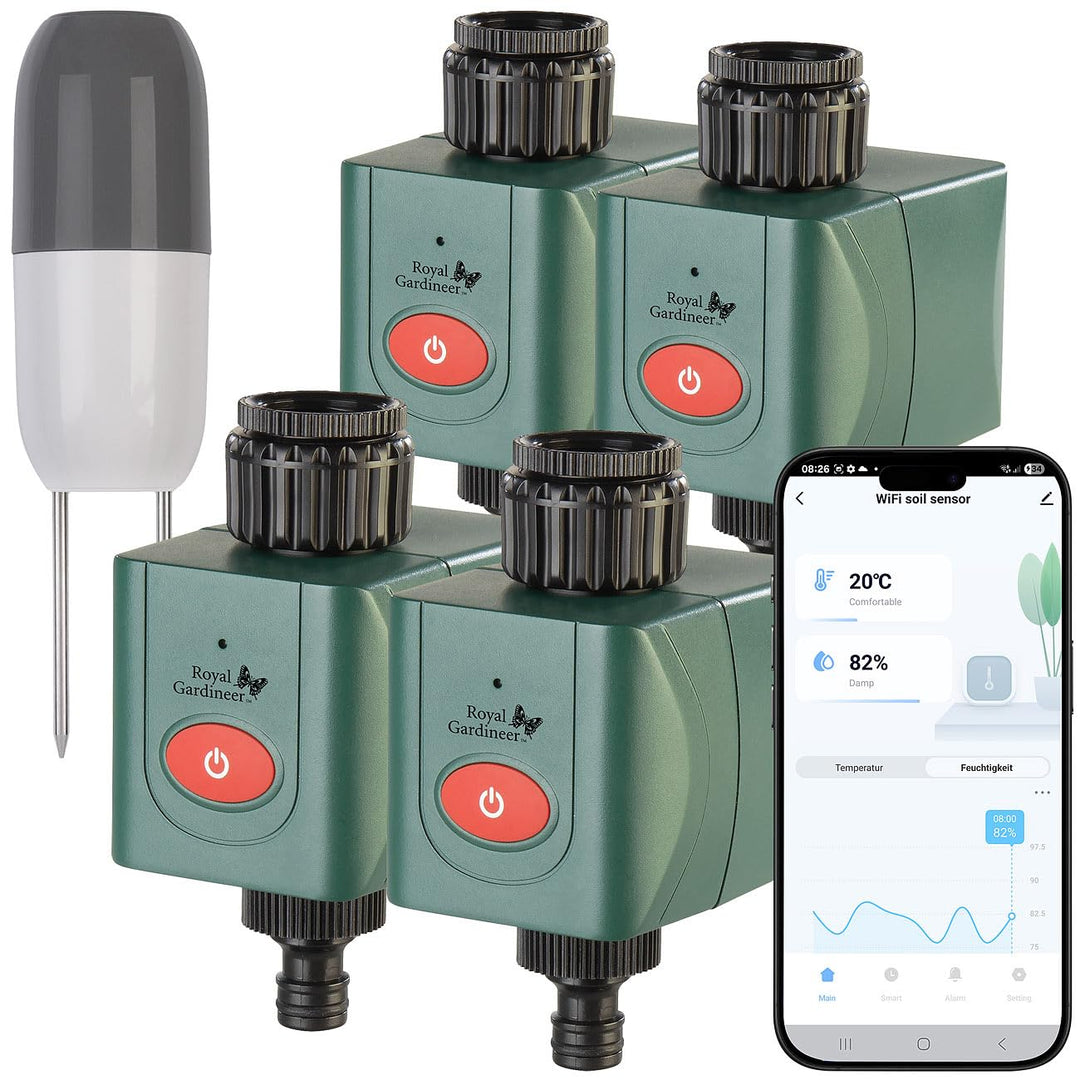 Royal Gardineer Smart Home Bewässerungen: 4er-Set WLAN-Bewässerungscomputer mit Bodensensor (Bewässe