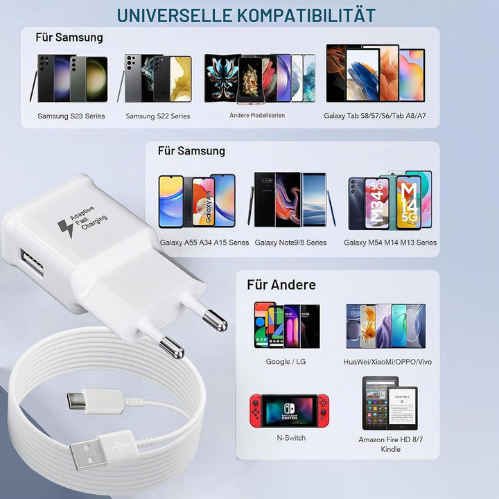2er-Pack Ladegerät mit 2m Ladekabel USB Typ-C für Samsung Galaxy S21 S20 S10 S9 S8 A13 A14 A15 A20 A