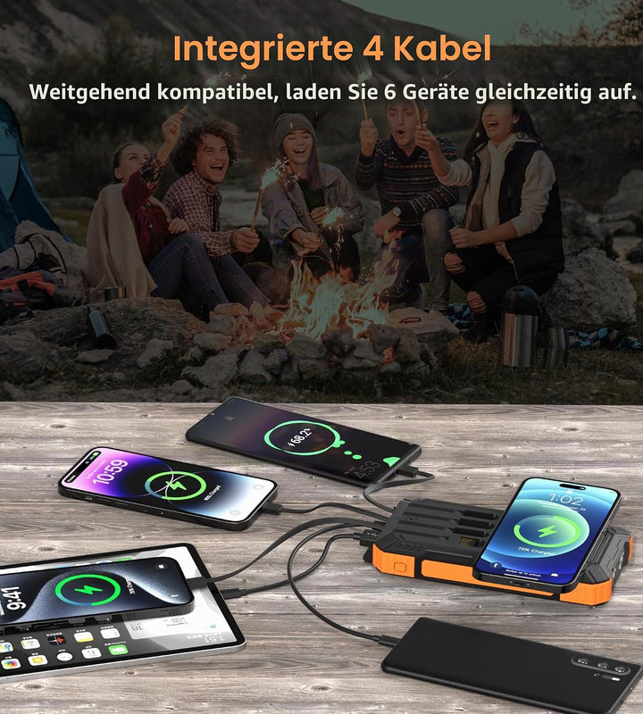 56800mAh Solar Powerbank, Wireless Power Bank gross mit 4 Kabeln, 30W PD Schnellladefunktion, 6 Ausg
