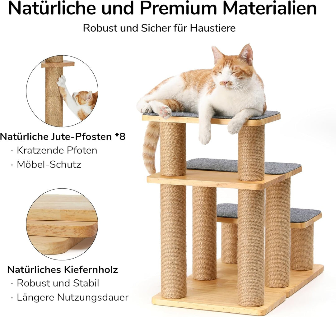 FUKUMARU Hundetreppe, 3 Stufen Haustiertreppe, Katzentreppe aus Kiefernholz und Jute，18-51cm einstel