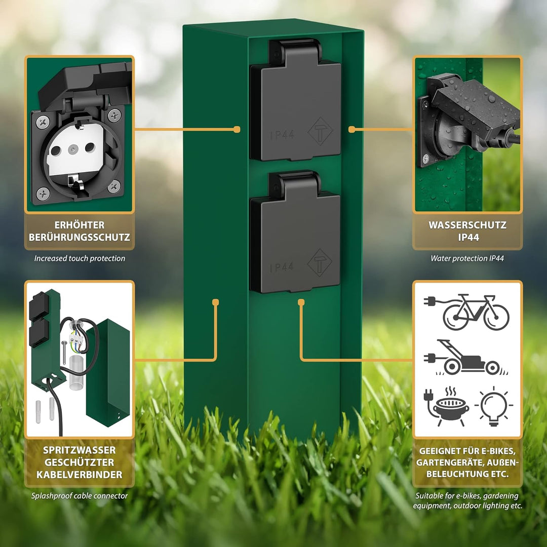 ledscom.de Gartensteckdose POMI mit Erdspiess, Outdoor, IP44, 2-fach, grün, eckig, 23cm, 2 Stk. 2 St