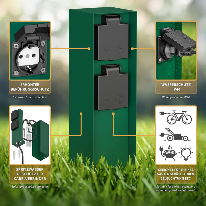 ledscom.de Gartensteckdose POMI mit Erdspiess, Outdoor, IP44, 2-fach, grün, eckig, 23cm, 2 Stk. 2 St