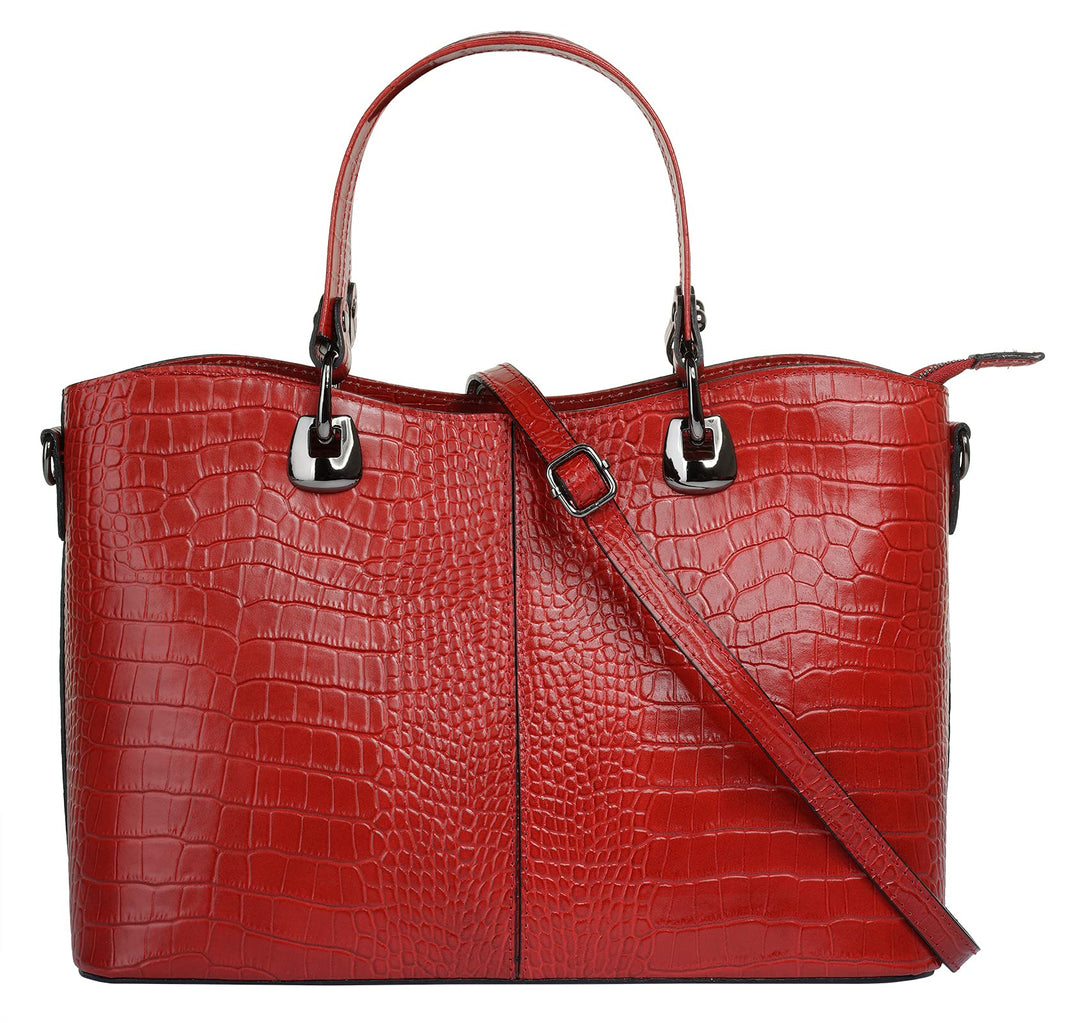 Handtasche Echt Leder Damen Made in Italy, Smartphonefach, Damenhandtasche im Kroko-Design, Umhänget