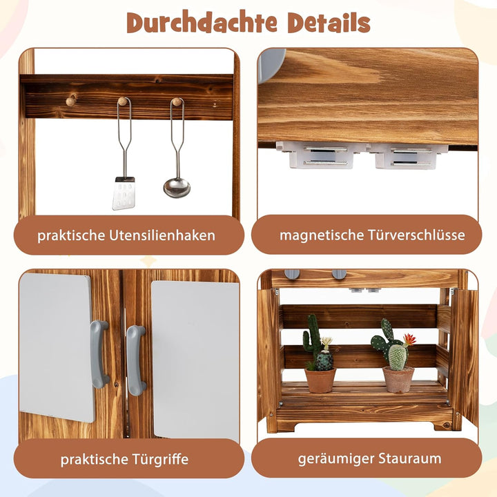 DREAMADE Matschküche Kinder Outdoor, Spielküche aus Tannenholz mit Waschbecken, Wasserhahn, 2 Herden