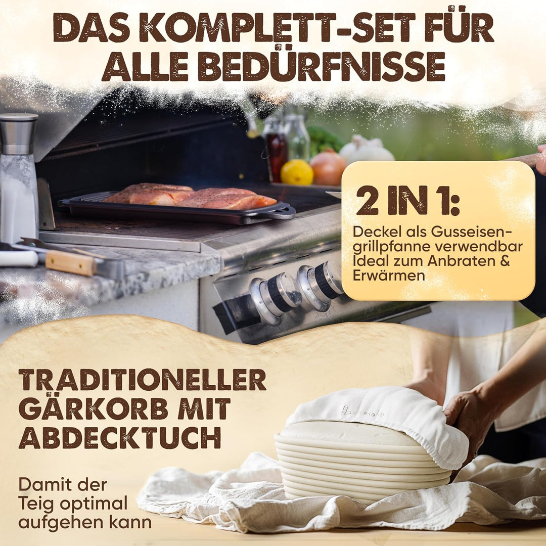 Flavemotion Brotbackform mit Deckel – Komplett-SET (Gärkörbchen, Bäckermesser, Teigkarte, Starter-Re