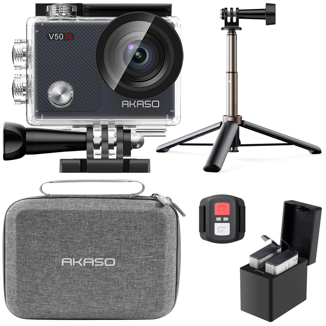 AKASO Action Cam 4K30FPS mit 60cm Stativ Selfie Stick und Tasche Unterwasserkamera WiFi 40M EIS Anti