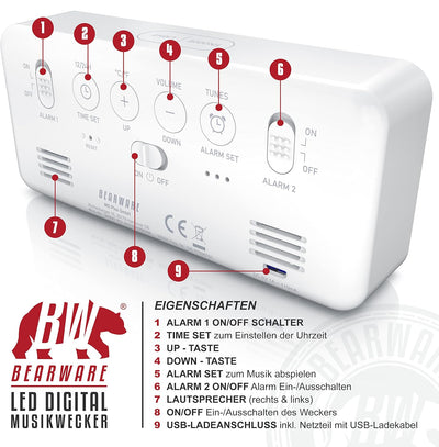 CSL - digitaler Wecker - mit Netzteil und extra grossem 2200 mAh Akku – Musikwecker Reisewecker – 13