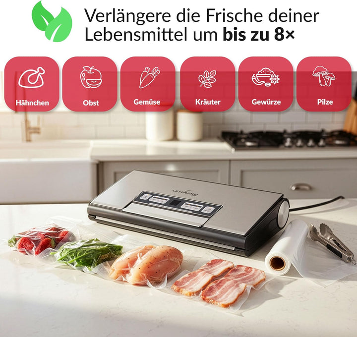 LEHMANN Vakuumierer, Vakuumiergerät für Lebensmittel, Hält bis zu 8x Länger Frisch, Folienschweissge