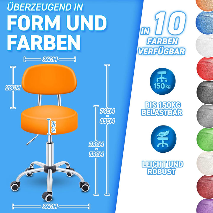 TRESKO® Rollhocker mit Lehne höhenverstellbar 10cm Dicke Polsterung Drehbar | Hocker 46-58cm | Arbei