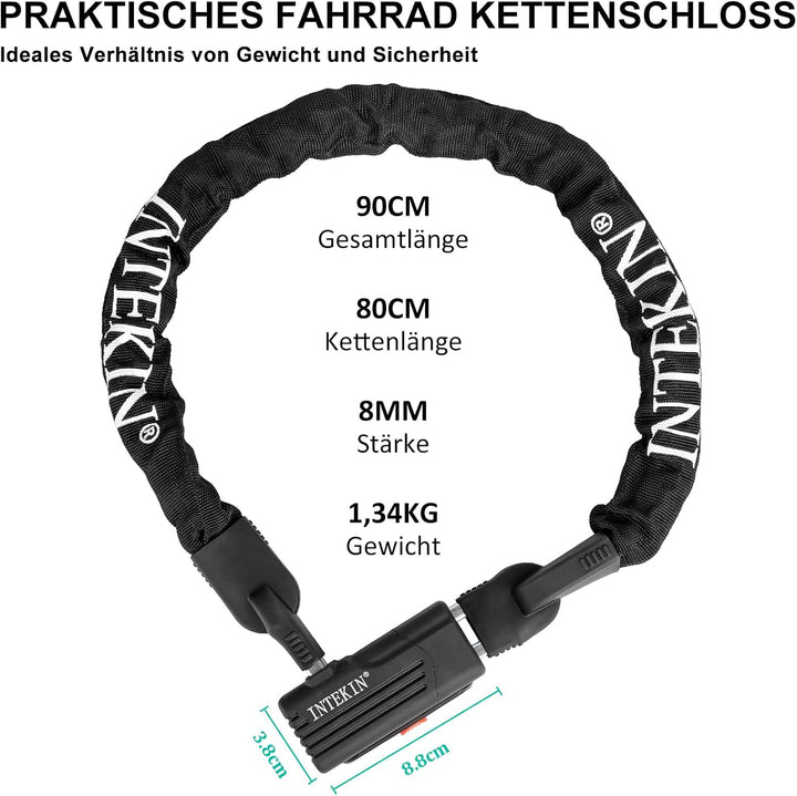 INTEKIN Fahrrad Kettenschloss hohe Sicherheitsstufe, Schwer Fahrradschloss aus gehärtetem Stahl, 8mm