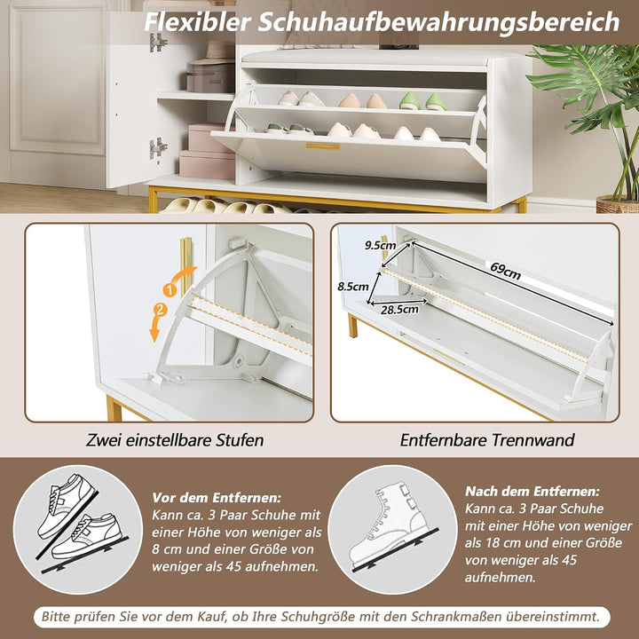 Merax Schuhschrank 100 × 38 × 68 cm mit Sitzbank &amp; Stauraum, Hochglanz Schuhregal mit 2 Klappfächern