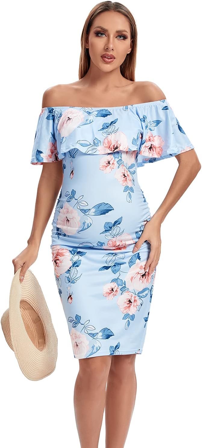 Shen&amp;Qege Umstandskleid Lässig mit Schulterfreiheit, Rüschen, ärmellos, Bodycon, Umstandsmode Sommer