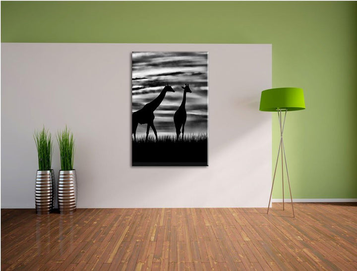 Pixxprint Monocrome, Afrika Giraffen im Sonnenuntergang, Format: 100x70 auf Leinwand, XXL riesige Bi