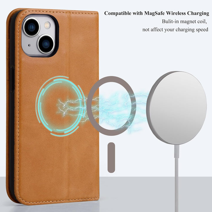 VISOUL Hülle für iPhone 15, Schutzhülle [Echt Leder] [Schützt vor Stoss] [Kartenfach] [Magnetverschl