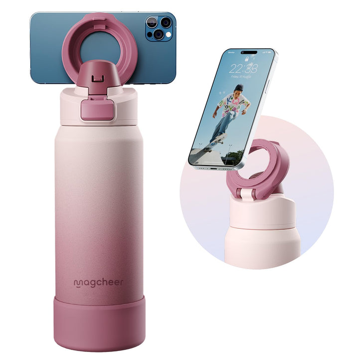 Magcheer Trinkflasche mit Handyhalterung 1L Magnetische Wasserflasche 360° Verstellbar Flasche Magne