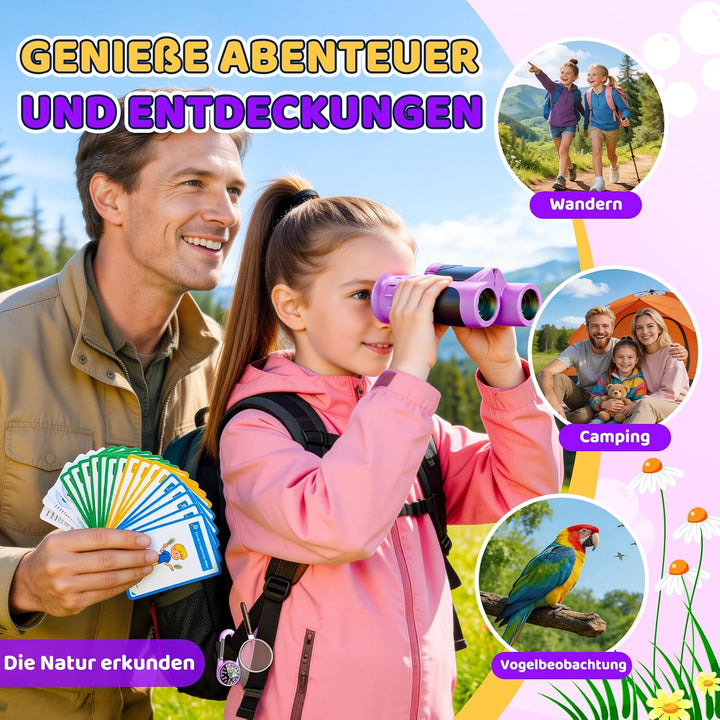 GeschenPark Fernglas Abenteuer Set mit Entdeckungskarten – Kompass – Lupe, Violett 8X-Violett, 8X-Vi