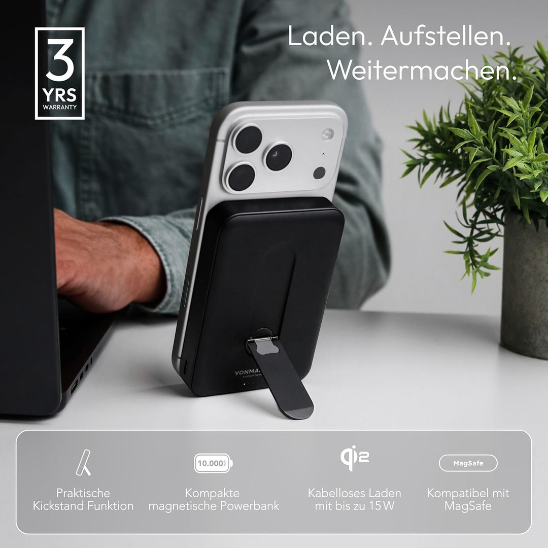 VONMÄHLEN Evergreen Mag mit Kickstand: 10.000 mAh Qi2-Powerbank kompatibel mit MagSafe – 15W kabello