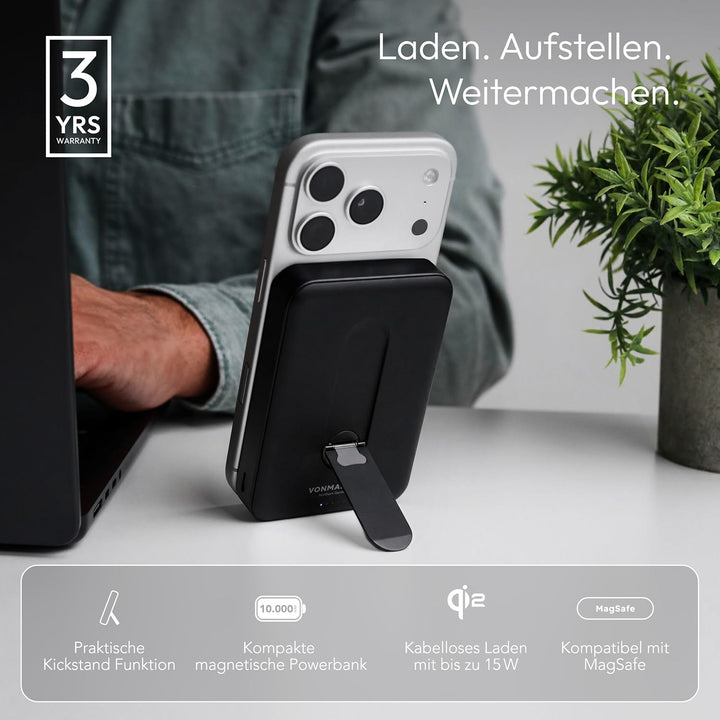 VONMÄHLEN Evergreen Mag mit Kickstand: 10.000 mAh Qi2-Powerbank kompatibel mit MagSafe – 15W kabello