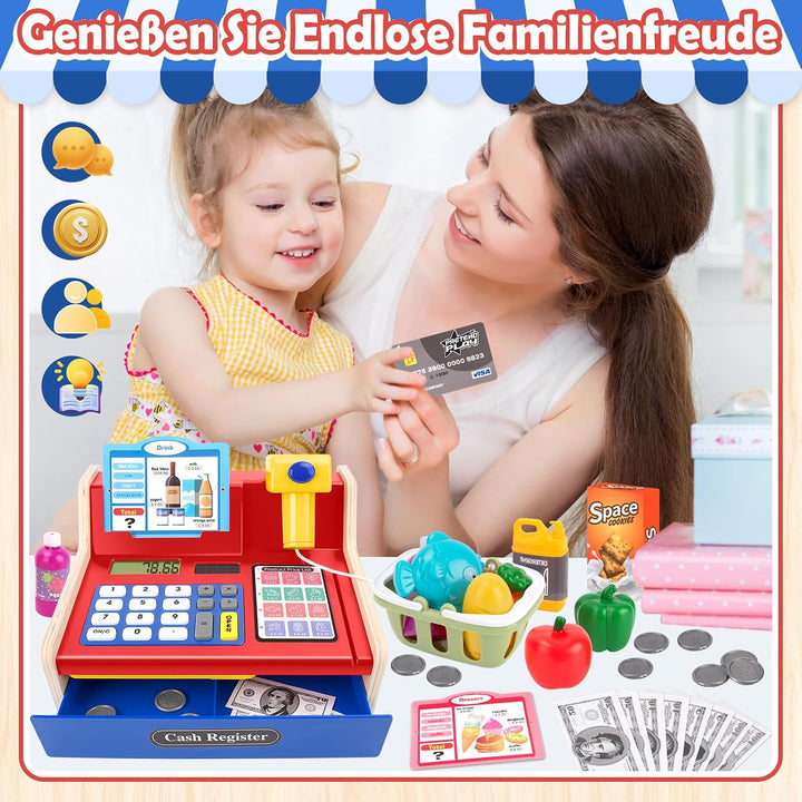 JONRRYIN Holz Kasse Kinder Spielzeug, Spielkasse Kinderkasse mit Scanner &amp; Sound, Spielgeld Einkaufs