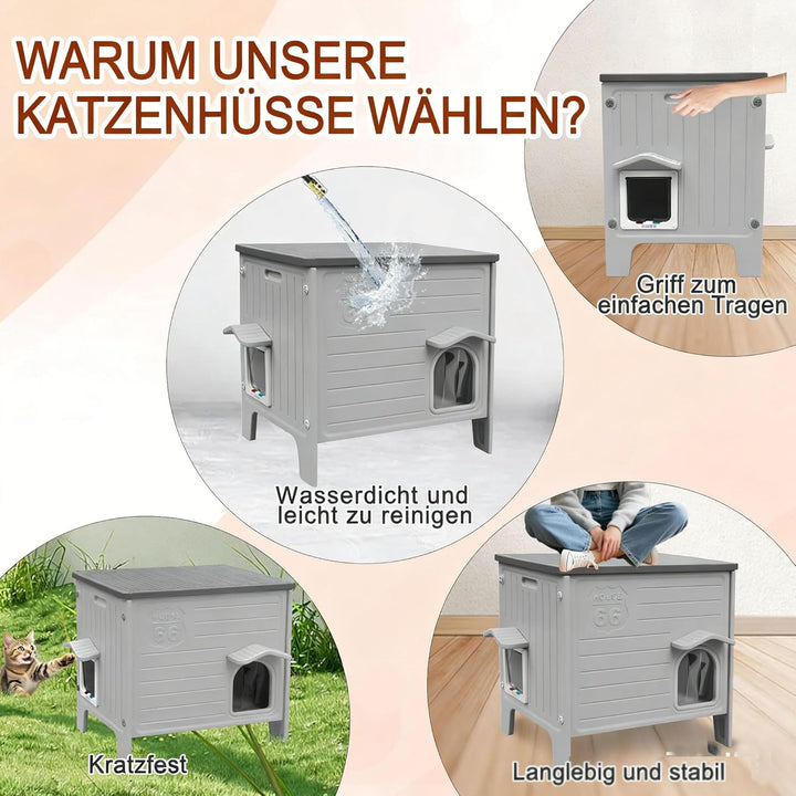 2-stöckiges Katzenhaus Outdoor, Winterfest für mittlere Katzen – Isolierte Ganzjahres-Schutzhütte mi