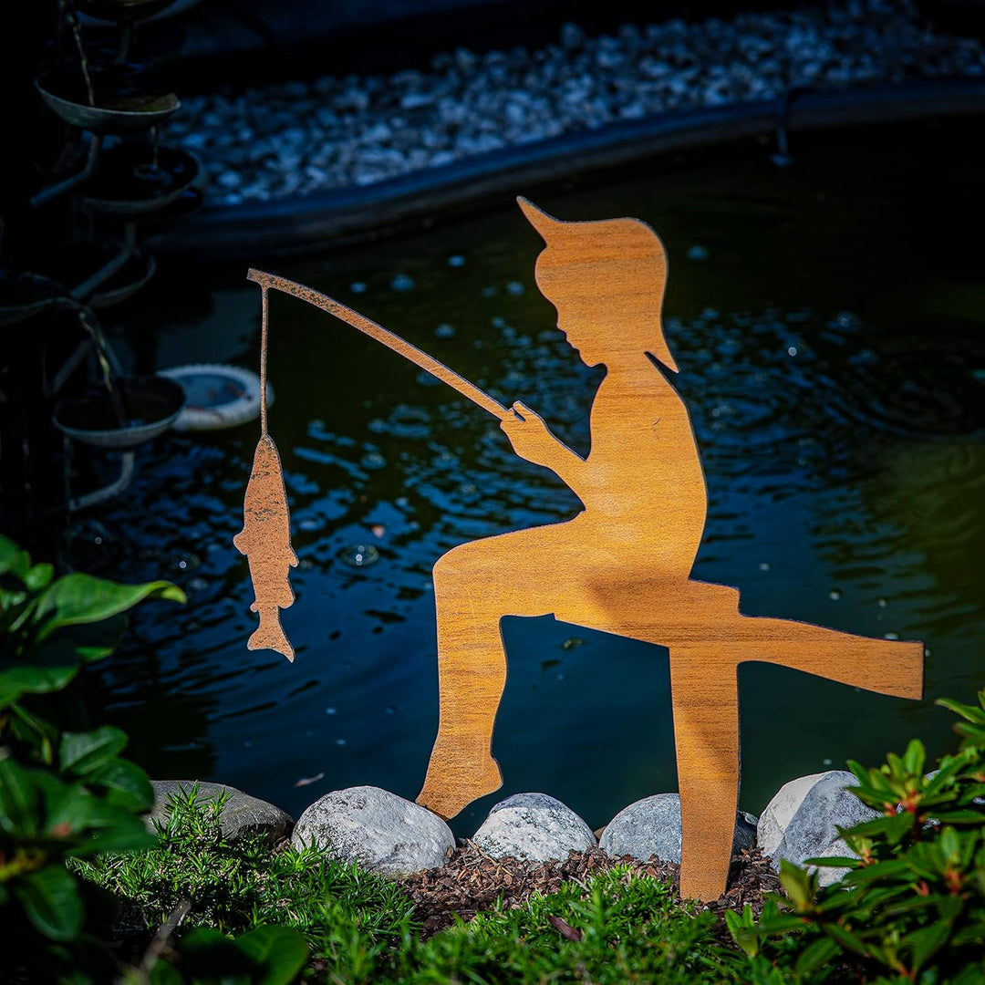 MM Steel Styles Edelrost Angler Gartenstecker-einfach einsteckbare Rostdeko aus hochwertigem Cortens