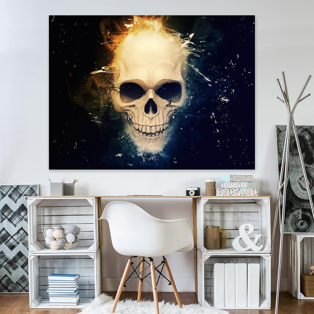 wandmotiv24 Totenkopf Wandbild aus Acrylglas, Grösse 100x75cm, Querformat, Schädel Blau Orange, Rauc